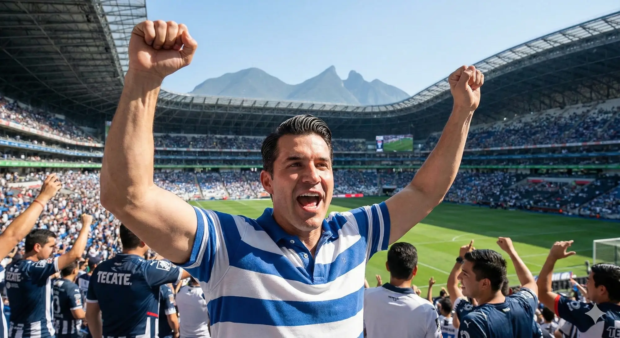 Hombre con cabello denso y peinado moderno celebrando en el estadio de Monterrey con el Cerro de la Silla de fondo, mostrando un resultado exitoso de implante capilar técnica DHI.
